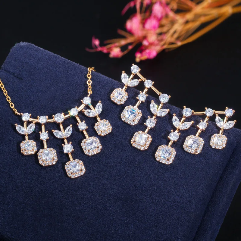 CWWZircons, высокое качество, кубический цирконий, лист, капля, 585, золотой цвет, подвеска, ожерелье и серьги, модные женские Ювелирные наборы T377