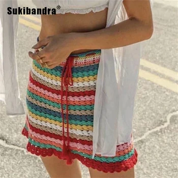 

Sukibandra 2020 Summer Rainbow Crochet Mini Skirt for Women Vintage Bohemian Skirts Womens Korean Style Beach Boho Sexy Skirt