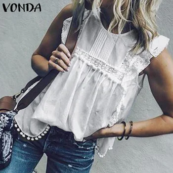

2020 VONDA Elegant Blouse Sleeveless Tops And Blouse Lace Hollow Tanks Butterfly Sleeve Tassel Sexy Blusa Casual Shirts Oversize