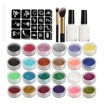 

High quality Temporary Diamond Glitter Tattoo Kit 24 Colors Powder 2 Glues 2 BrushesFor Temporary Tattoo Body Art