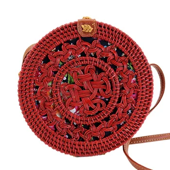 

Women Handmade Round Beach Shoulder Bag Circle Straw Bags Summer Woven Rattan Handbags Women Messenger Bag