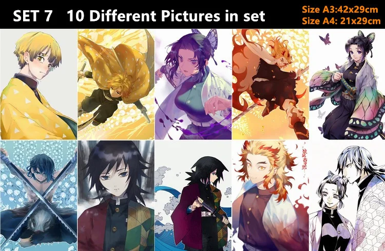 10 шт./партия Аниме демон убийца: Kimetsu no Yaiba Плакат Наклейка Tanjirou Nezuko Zenitsu Inosuke игрушки 10 фотографий размеры 42x29 см - Цвет: SET 7