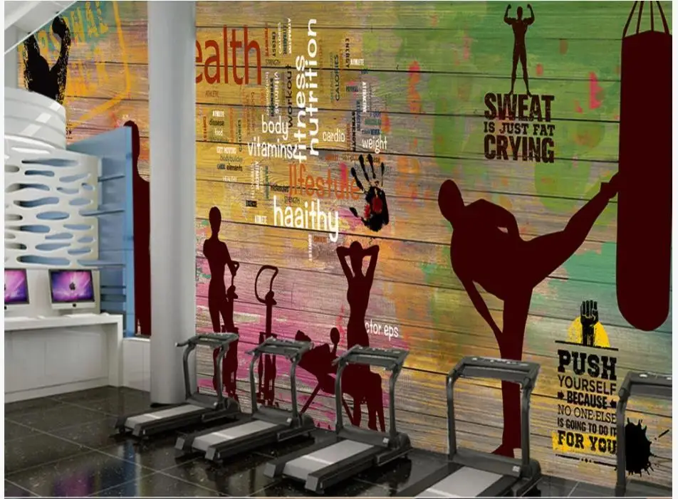 

Custom Gym murals wallpapers 3d mural wallpaper for walls 3 d Graffiti vintage plank sports fitness club image wall background