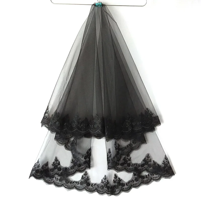 Elegant Short Black Wedding Veil With Comb Vintage One Layer Tulle Bridal Veils Wedding Accessories with Lace Edge