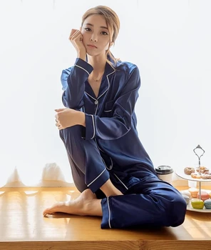 

Womens Silk Satin Pajamas Pyjamas Set Long Sleeve Sleepwear Pijama Pajamas Suit Female Sleep Two Piece Set Loungewear Plus Size