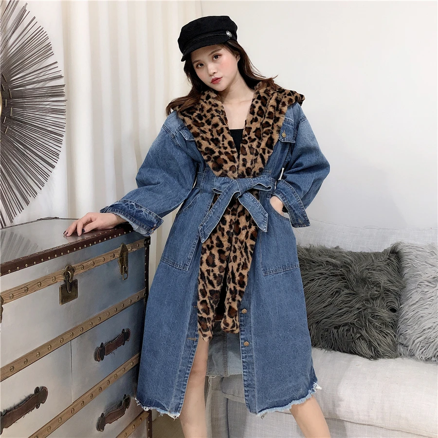 WHITNEY WANG Autumn Winter Fashion Streetwear Detachable Leopard Hooded Liner Patchwork Denim Trench Coat Women Jeans Coat