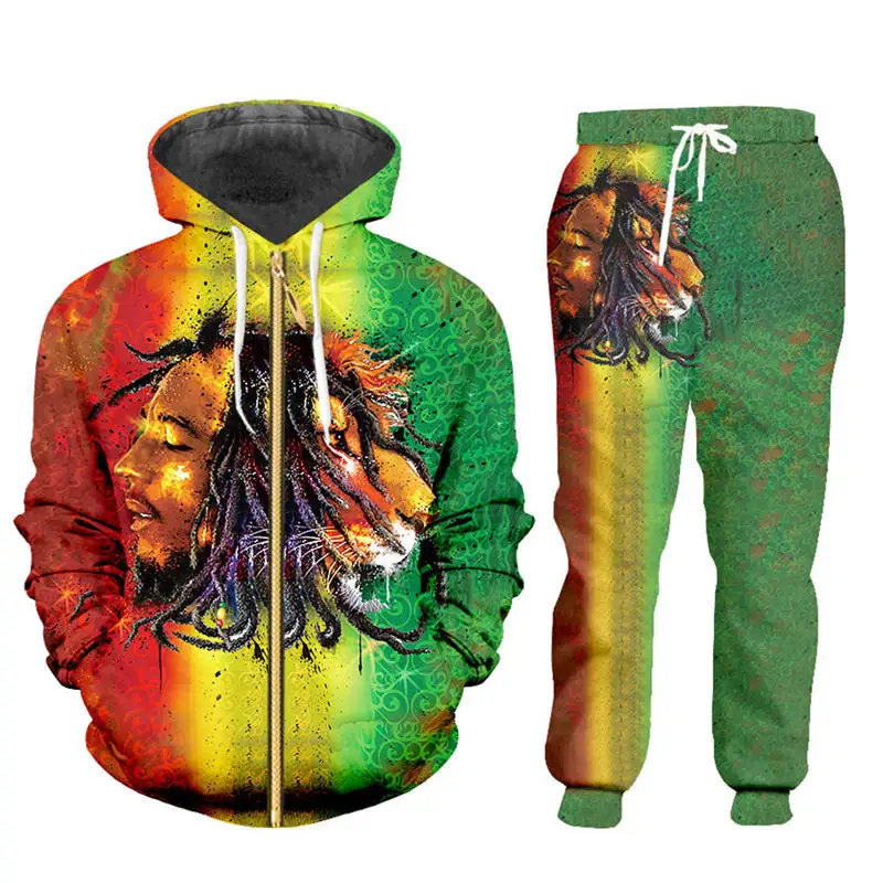 Fashion Men's sets Streetwear 3d Bob Marley Lion Print T-shirt+Sweatpants 2 Pieces Sets Unisex Zipper Hoodie Jacket Custom S-6XL (43)