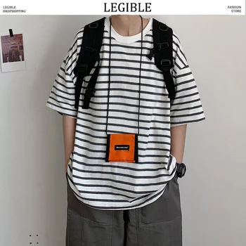 

LEGIBLE Korean T-Shirts Men Striped Streetwear 2020 Summer Mens Loose Casual Short Sleeve Tops Tees Male T Shirts Japan