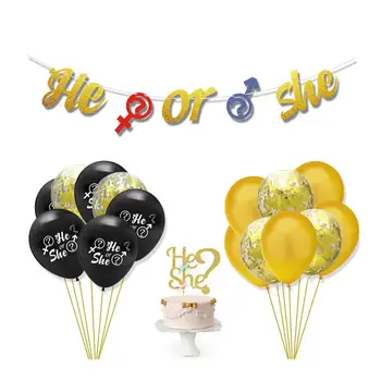 

17pcs Banner Latex Balloons and Glitter Cake Topper Set He or She Gender Reveal Printing Balloons Decorative Banner Kit Party