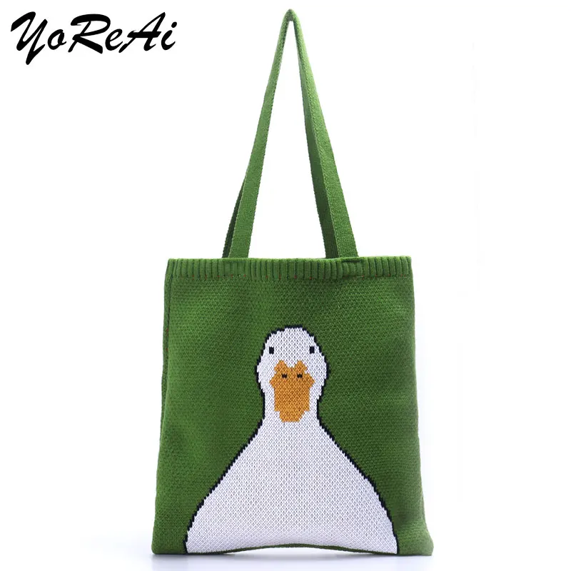 

YoReAi Teen Women Funny bag Vintage Retro Rural Knitting Kawaii Fashion Green Shopping Bags Ladies Cartoon Top-handle Tote