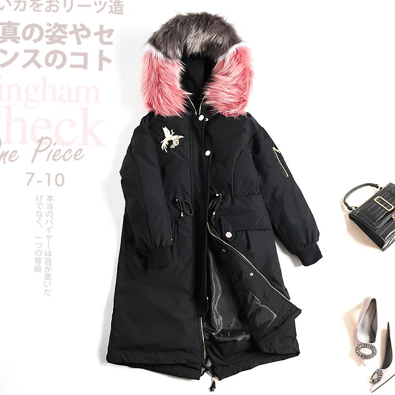 

2019 Winter Hooded Zipper Long Sleeve Mid-length Warm When Color Large Fur Collar Cotton-padded Clothes Cotton Coat 2472