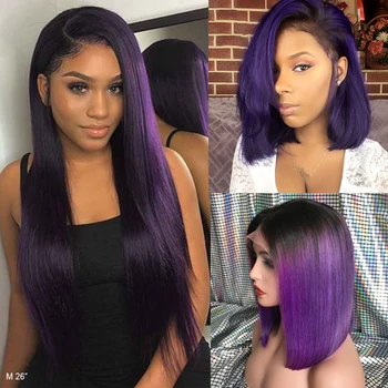 

KL 1B Purple Human Hair Wig Ombre Colored Lace Front Human Hair Wig Brazilian Remy Straight Bob Wig For Black Women Pre Plucked