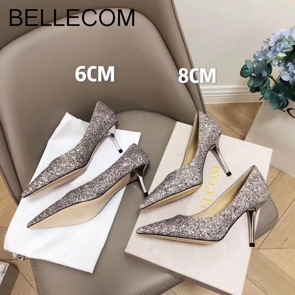 

BELLECOM Women's spring and autumn versatile with silver gradual sequins light tops and pointy heels ladies shoes wedding shoes