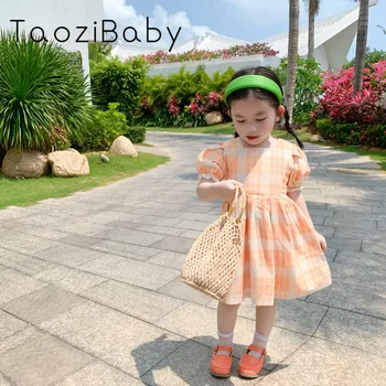 

Children Clothes Dress Korean Version 2020 Summer New Short Sleeve Dresses Back Bow Girl's Plaid Dress Kids Dresses