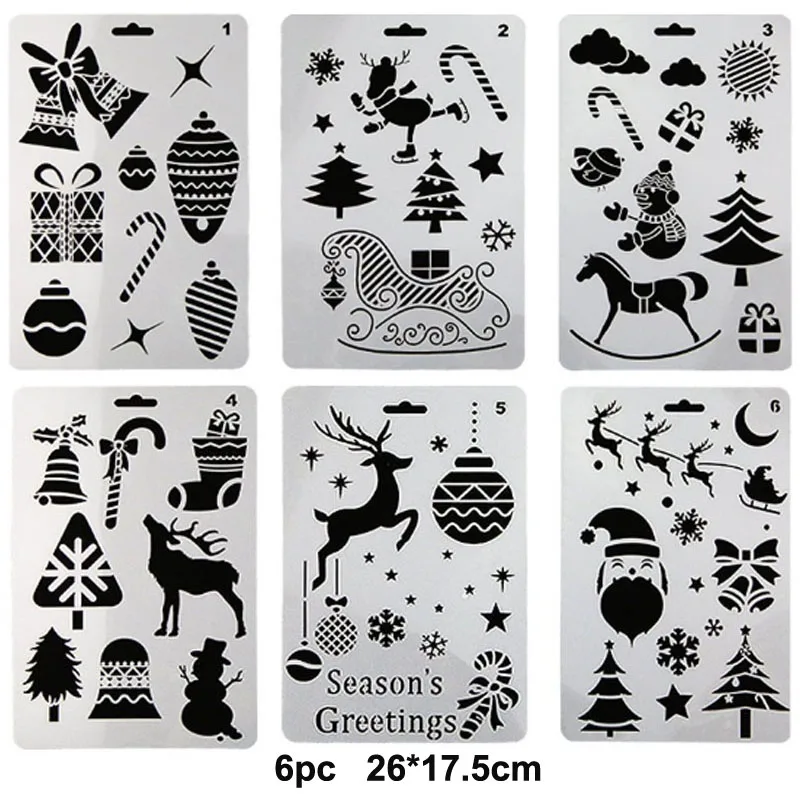 

6pc Christmas Series Painting Template Hollow Diy Album Lace Ruler Hand Copy Newspaper Hand Account Drawing Spray Mold Reusable