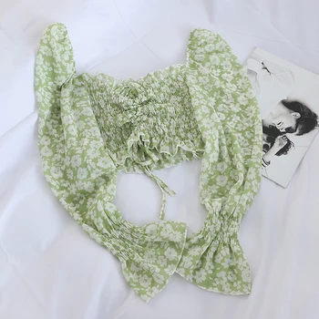 

chiffon women blouse puff sleeved floral drawstring short high waist lady elegant pulls outwear coat tops