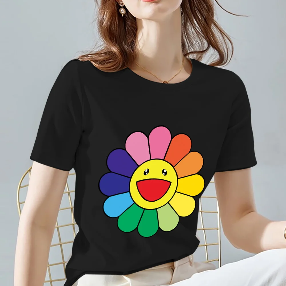 Women T-Shirt Vintage Daisy Flower Pattern Print Series Summer Black All-match O Neck Short Sleeve Tees Casual Tops XXS-3XL palm angels t shirt