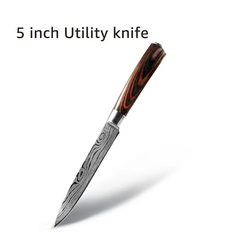 Кухонный нож 8 дюймов поварские ножи 7CR17 440C из высокоуглеродистой нержавеющей стали дамасский рисунок Gyuto Кливер набор слайсер нож сантоку - Цвет: 5 inch Utility Knife