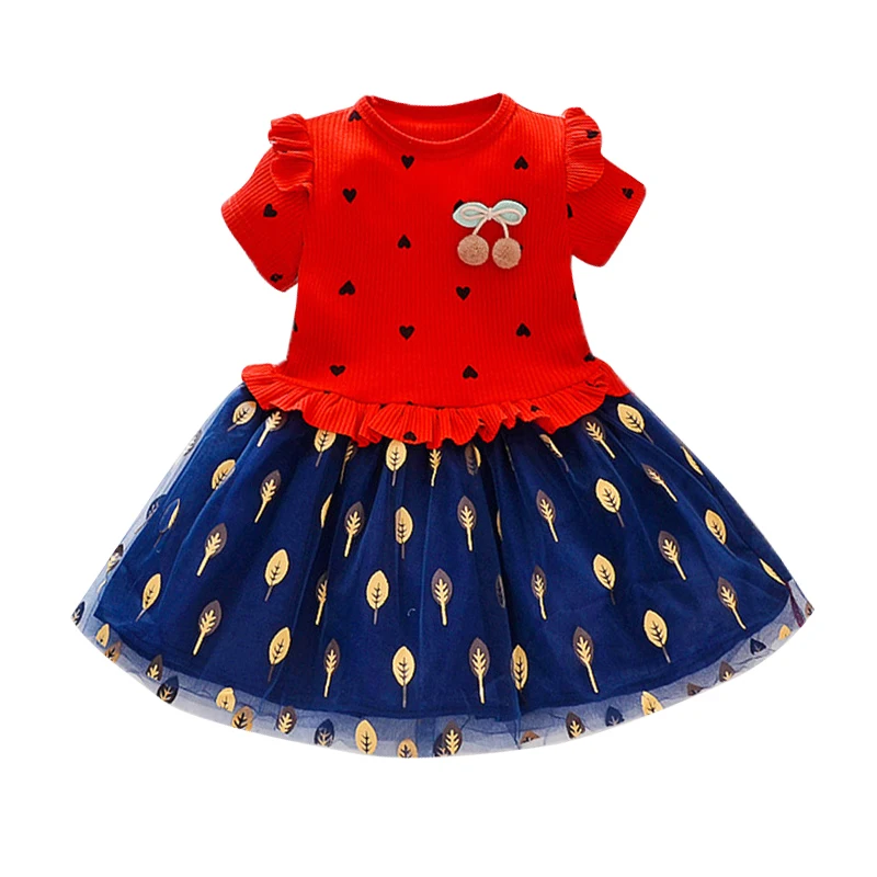 

Summer Princess Dress Casual Baby Girls Short Sleeve Heart Leaves Pattern Patchwork Dresses Kids Toddler Sundress