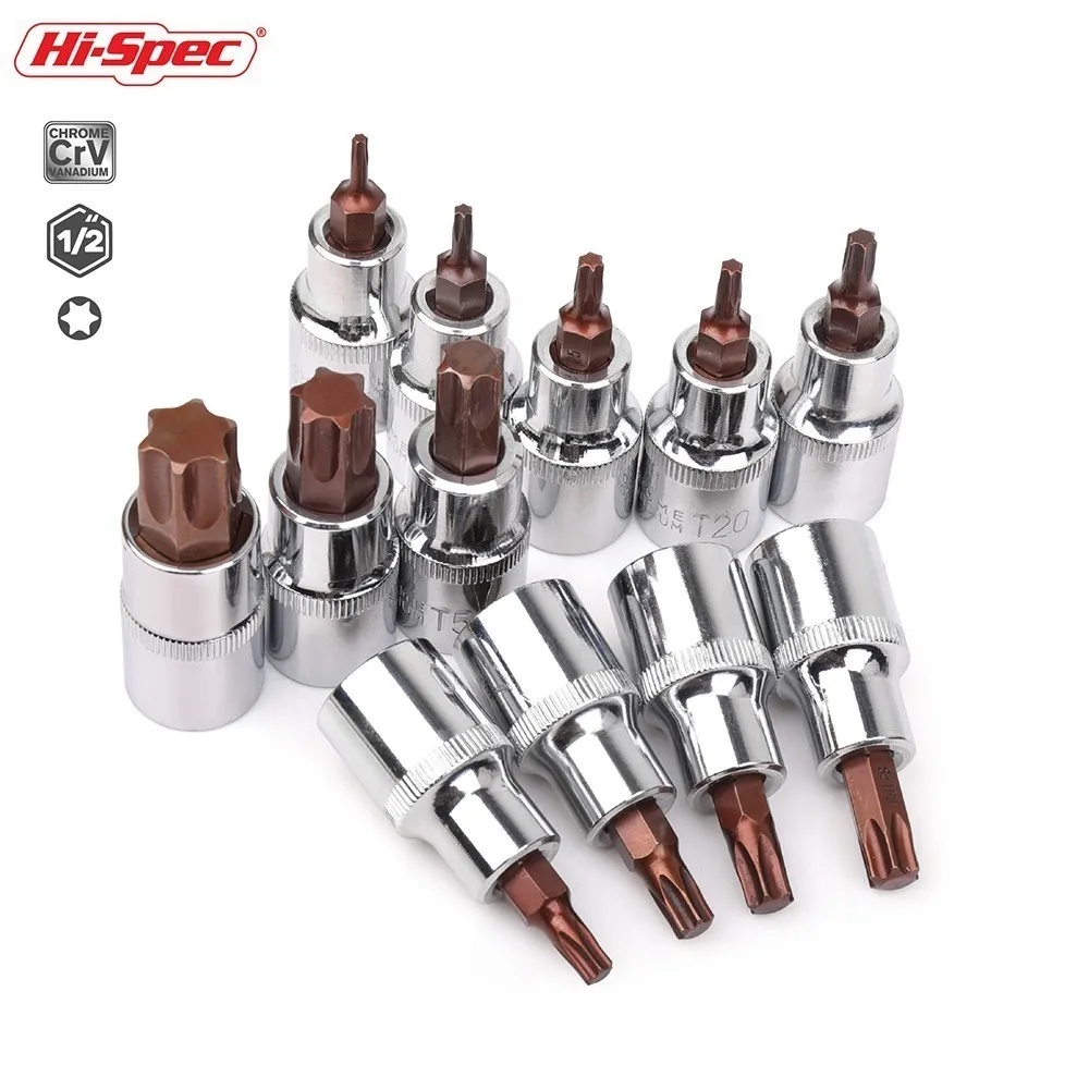 Hi-Spec Torx Bit Socket Set 1/2 Star S2 Bits Set T10-T70 Socket Adapter Universal Head for Torque Spanner Ratchet Socket Wrench