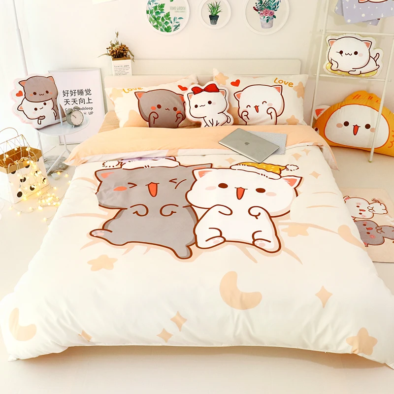 3Pcs Set Kawaii Cat Bed Sheet Bedding Soft Comforter Cover Twin Full Queen Size For Girls Sheets and Pillowcases | Дом и сад