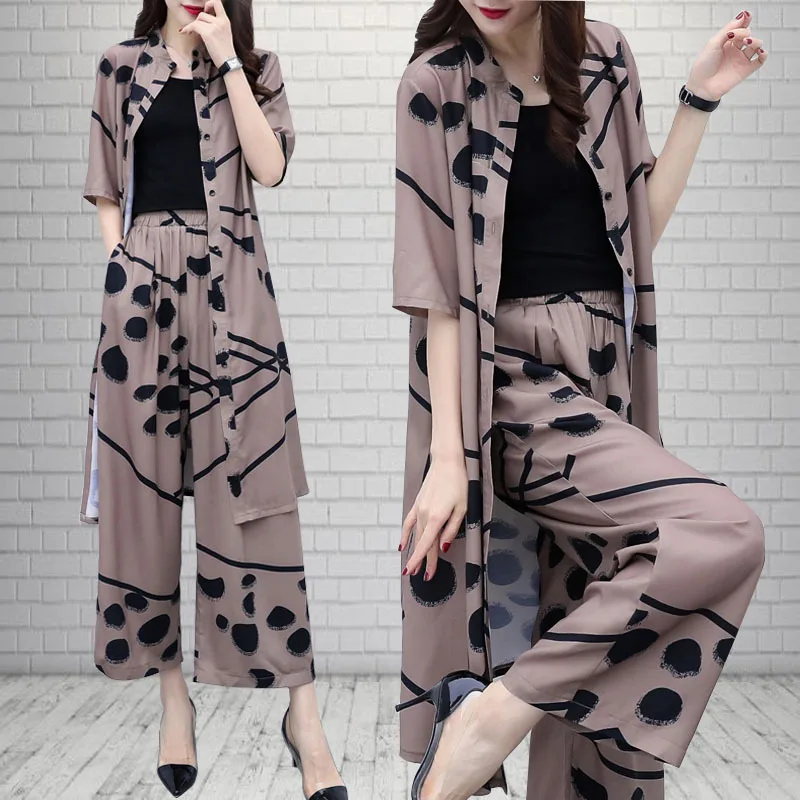 

3-26 New Style WOMEN'S Suit Summer Large Size Western Style Chiffon Cardigan Tops Loose Pants Fashion Piece Cool