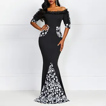 

Women Bodycon Dresses Elegant Summer Black Off Shoulder Floral Print Mermaid Slim Sexy Robe Vintage Lace Ladies Party Long Dress
