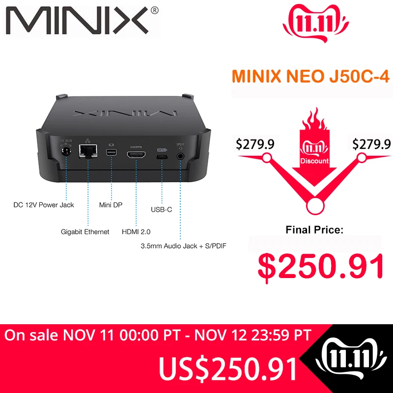 MINIX NEO J50C-4 Official WINDOWS 10 PRO SERIES MINI PC Intel Pentium Silver J5005 DDR4 4GB/64GB HDMI 2.0 Vesa Mount MINI PC