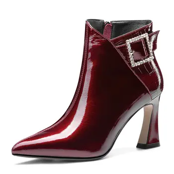 

2021 Rhinestone buckle Female ankle Boots Genuine Leather Pointed Toe High Heels ladies boots Winter Party Shoes Woman