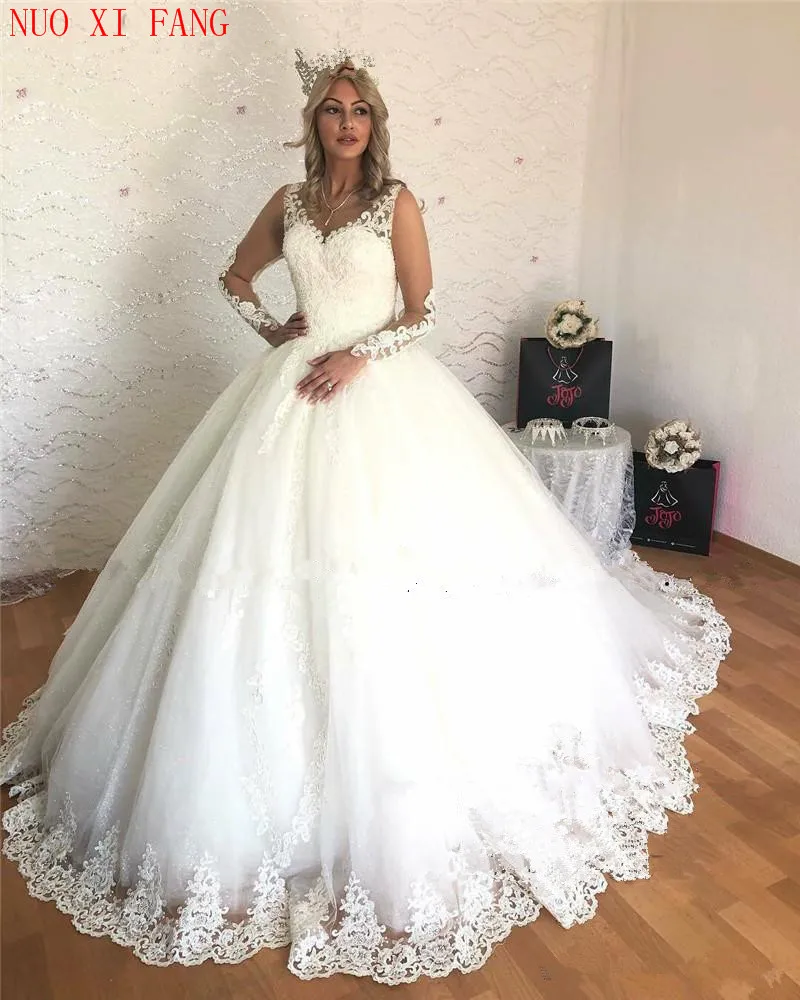 

Princess Ball Gown Wedding Dresses 2020 Illusion Long Sleeves White Puffy Tulle Vestido De Novia Lace Appliques suknia slubna