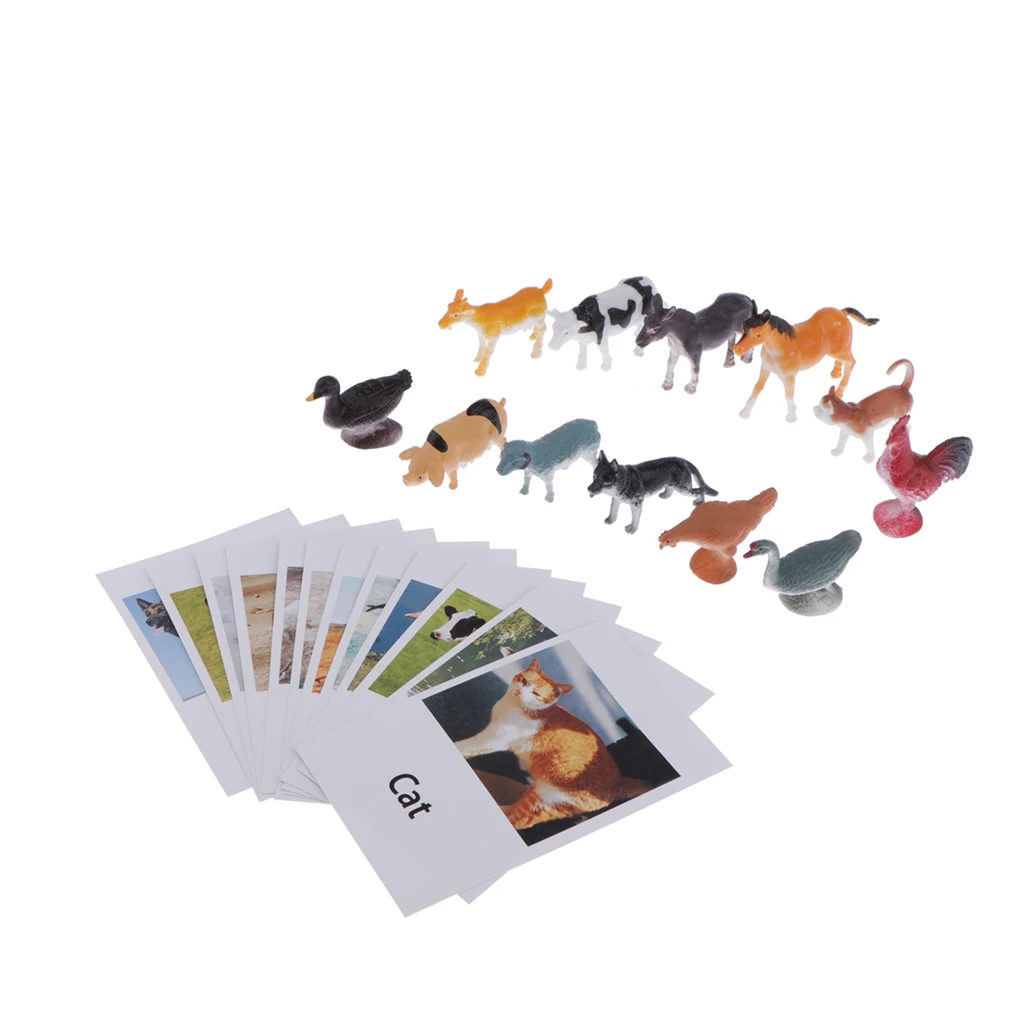 Montessori Learning Materials Toy - 12pcs Miniature Farm Animal Figure Match Set Matching Cards Game
