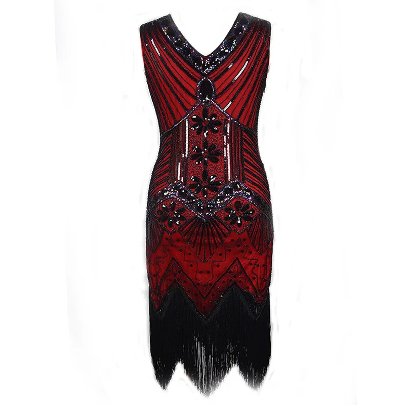 Винтажное женское платье 1920s Gastby со сплошным расшитым блестками Сетчатое платье в стиле модерн украшенное бахромой платье размера плюс черный/зеленый/белый/золотой - Цвет: Red Dress