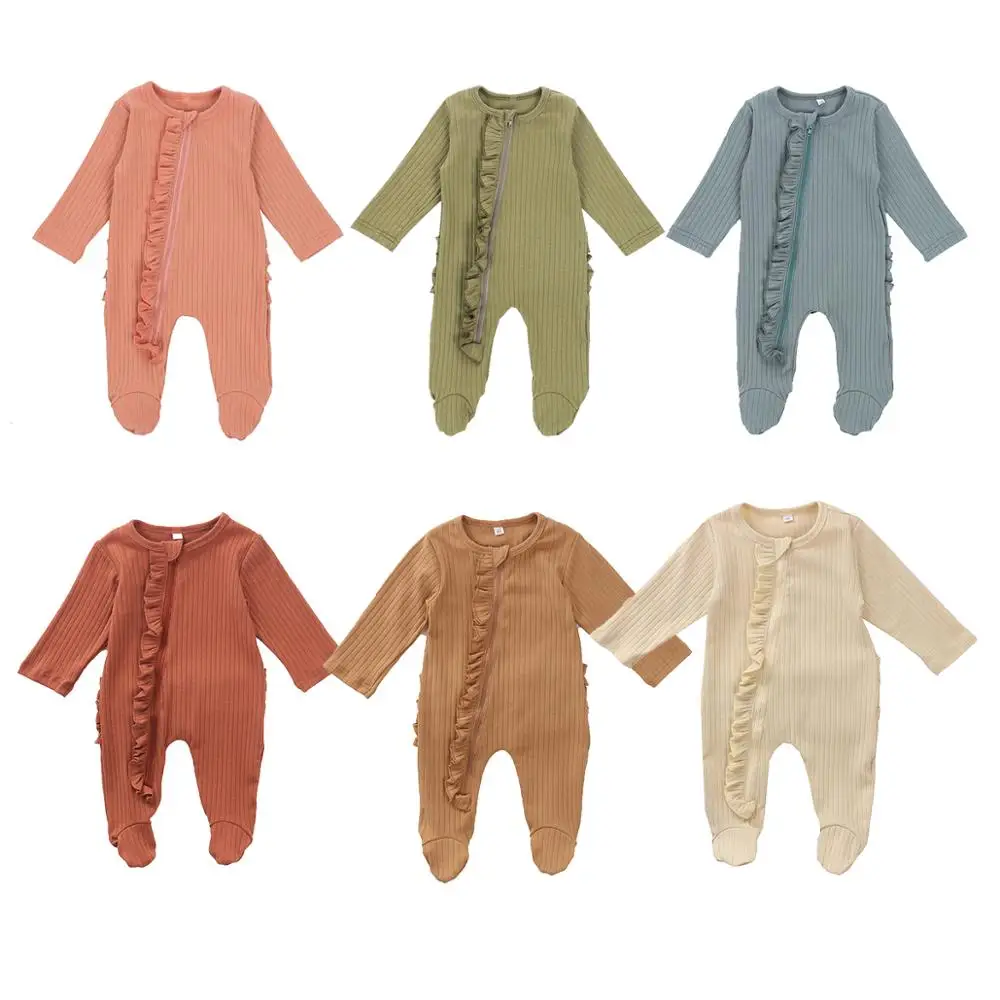 FOCUSNORM Newborn Baby Girls Boys Blanket Sleepers Solid Long Sleeve Zipper Ruffles Warm Autumn Sleepwear 0-6M