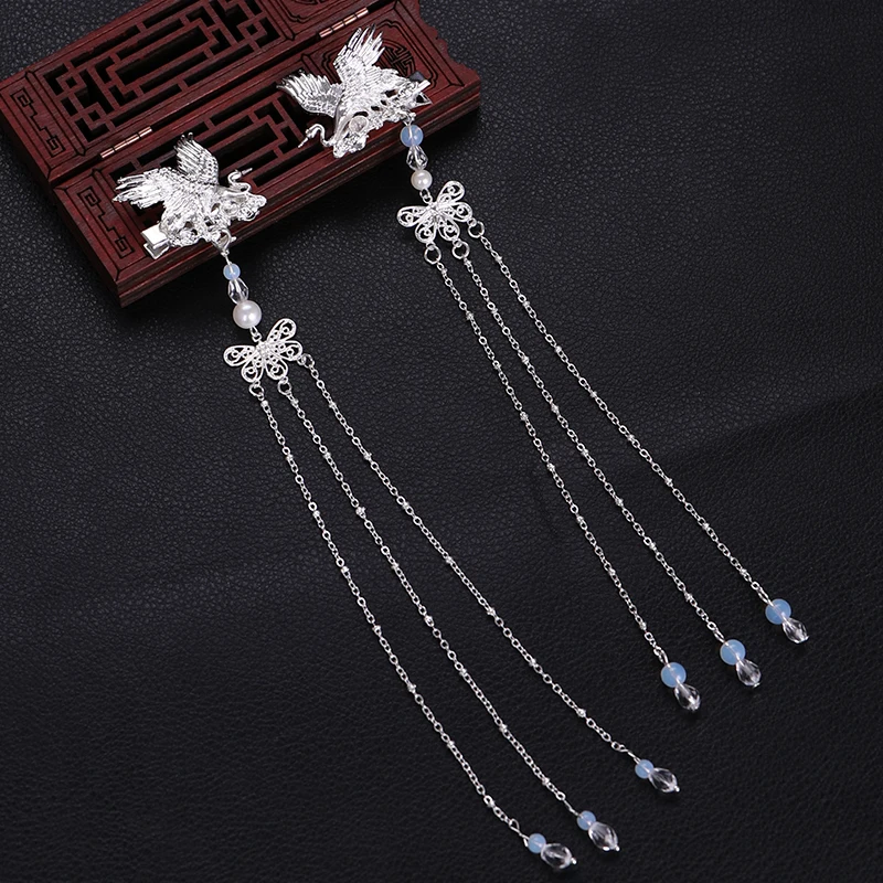 Серебристый Chinese Hanfu tiara Bird tasse Hair Barret Women Hair Accessories Silver Gold Crystal Headpiece Hairpin Women Hair Jewelry - Окраска металла: Серебристый
