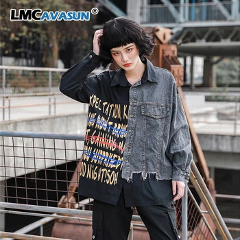 

LMCAVASUN2020 Korean Spring Fashion Style Ladies Denim Patchwork Shirts Womens Vintage Printed Blouses Casual Loose Tops Clothes