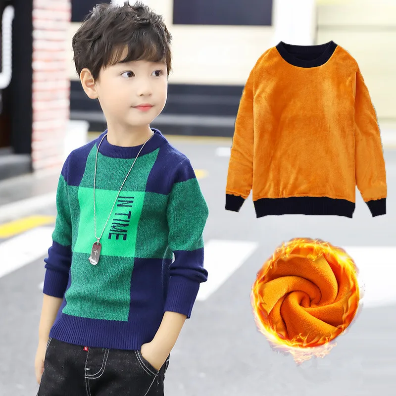 thick fleece inside Модный свитер для мальчиков, весенне-зимняя верхняя одежда для маленьких мальчиков, хлопковый свитер, Детский свитер, детский вязаный свитер, брендовые Топы - Цвет: thick fleece inside