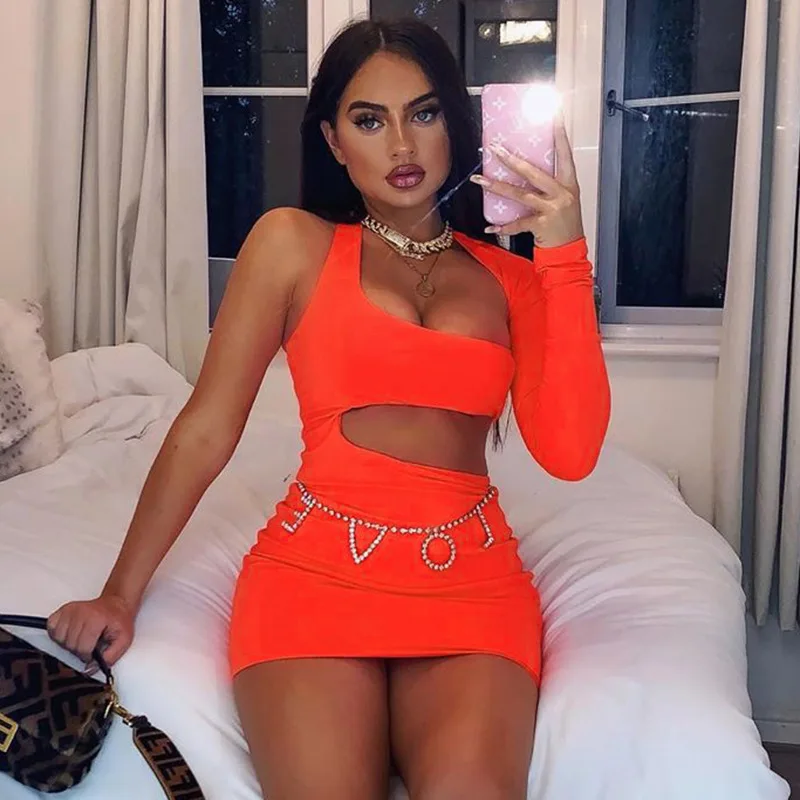 

Hollow Package Hip Sexy Dress Women One-Shoulder Sleeve Autumn Celebrity Style Backless Club Party Dresses