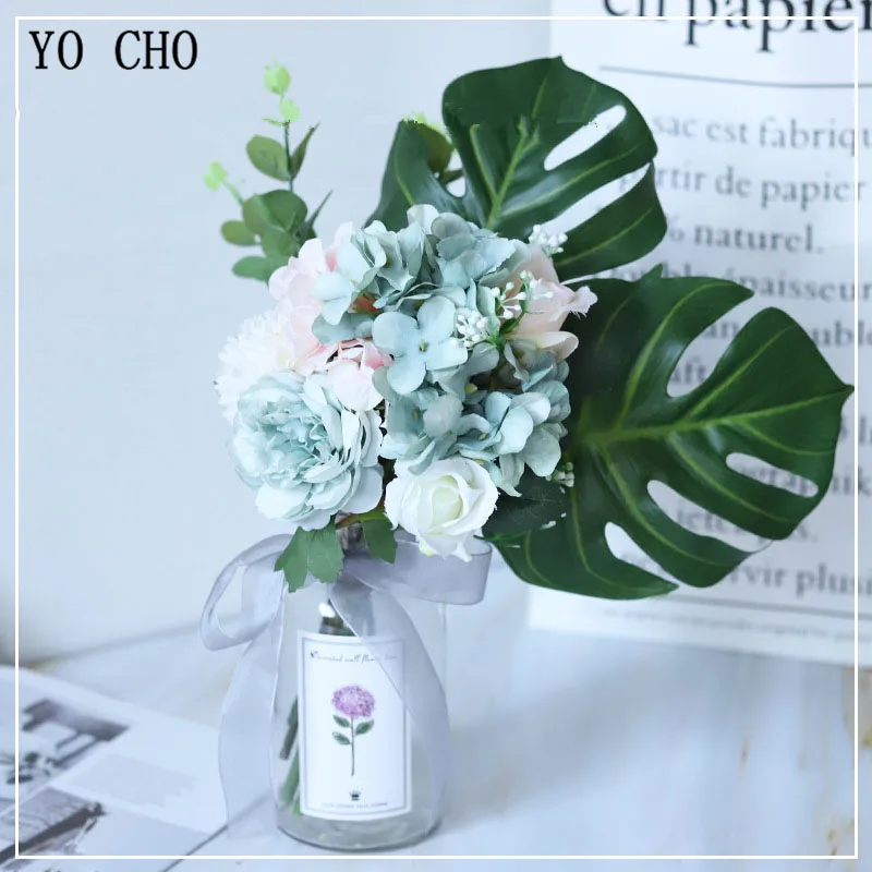 pink-blue YO CHO свадебный букет, искусственный цветок, Шелковая Роза, розовая Гортензия, помпон, тропический Эвкалиптовый пальмовый лист, свадебные принадлежности - Цвет: pink-blue