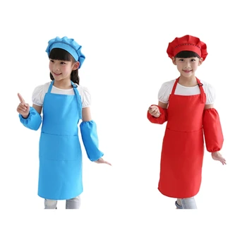 

2x Kids Full Apron Bib Set with Pocket and Hat Sleeves Craft Kitchen Chef Cooking Art Children Diy Apparel Blue & Red
