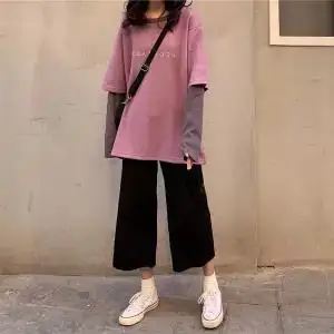 

2019 INS ladies' suit] loose Harajuku style fake two-piece top + casual wide-leg pants two-piece suit