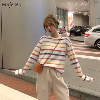 

Long Sleeve T-shirts Women O-Neck Student Simple All-match Casual Korean Style Striped Loose Daily Breathable Womens Tops Chic