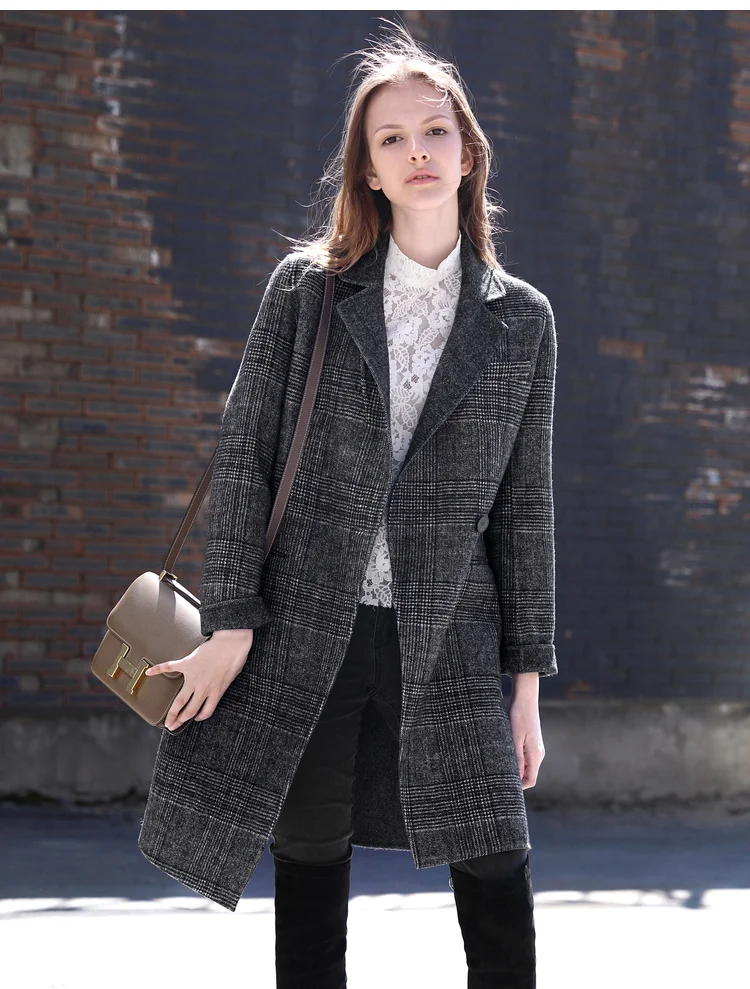 

Amii minimalist vintage British chic wool double-sided tweed women's French winter new slim irregular plaid coat