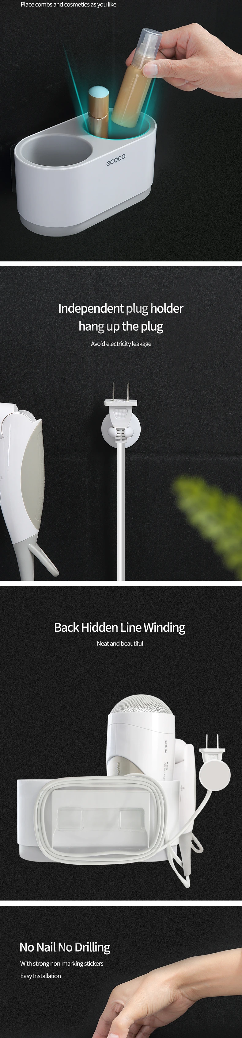ECOCO Hair Dryer Rack Wall Mounted Punch Free Bathroom Accessories Set Home Bathroom Shelve Bathroom Holder Tool Drainage
