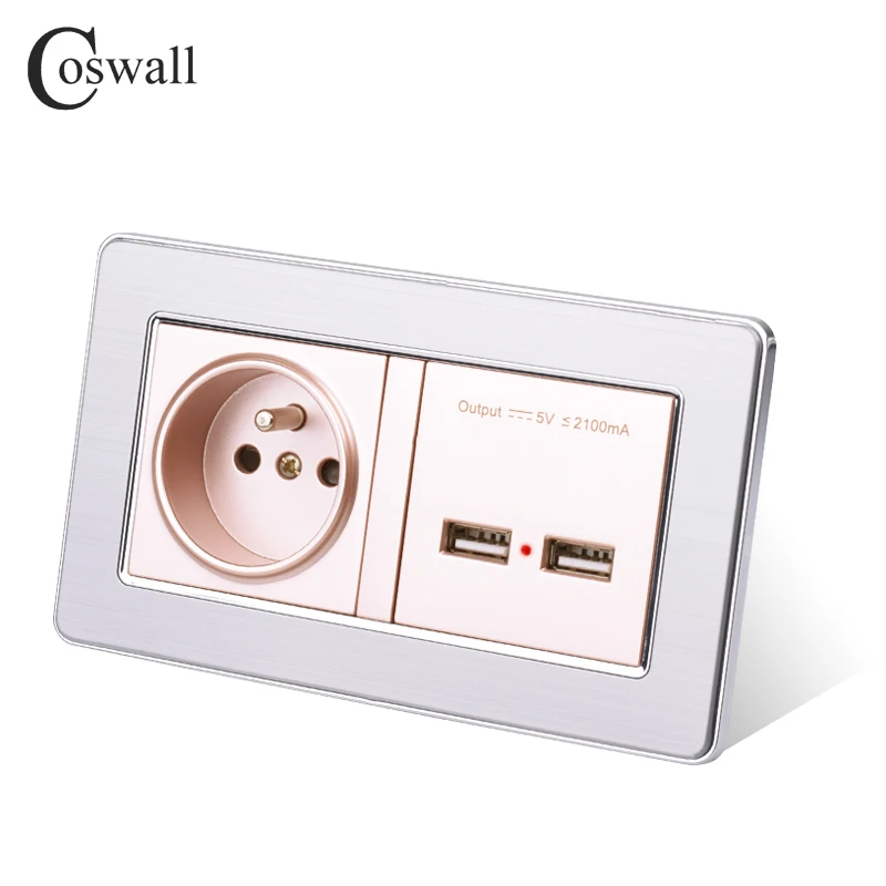 Розетка COSWALL розетка из нержавеющей стали с двойным USB портом 5 В 2 1