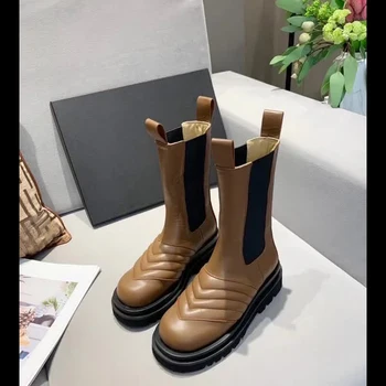 

Thick Bottom Boots Women Platform Genuine Leather Ankle Boots Women Shoes 2020 New Fashion Elastic Side Slip-on Zapatos De Mujer