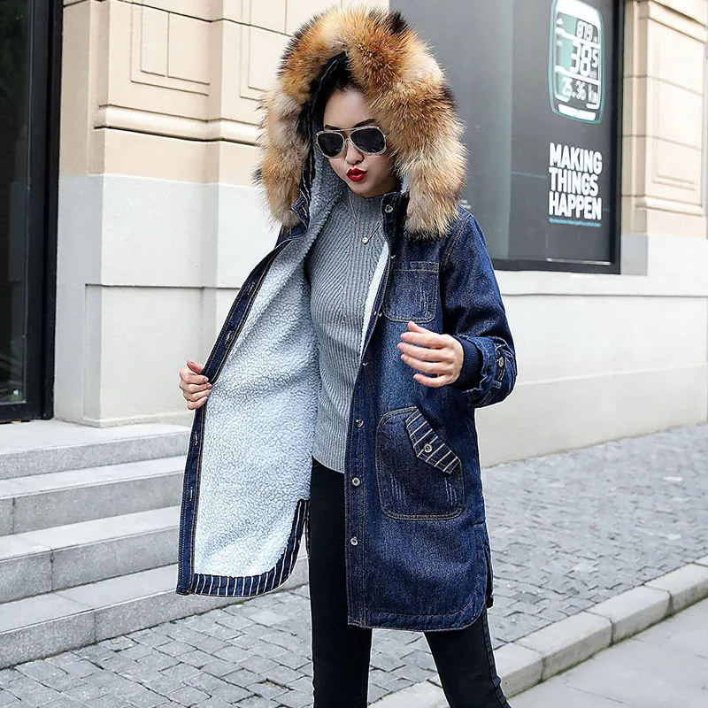 low cost  Ladies Winter Thick Jeans Jacket Faux Fur Collar Hooded Long Denim Jacket Female Warm Wool Jean Coa