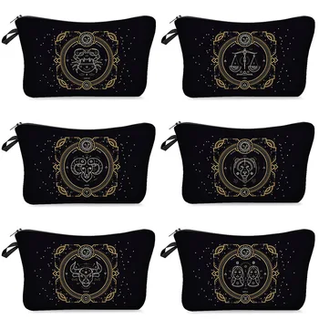 

Factory Direct Sale 12 Constellation Print Cool Black Digital Print Zipper Women Girls Protable Make Up Pouch Cosmetic Bags