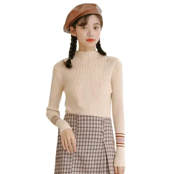 

Women Winter Temperament Striped Sweater Casual Long Sleeve Half High Collar Bottom Knit Sweater