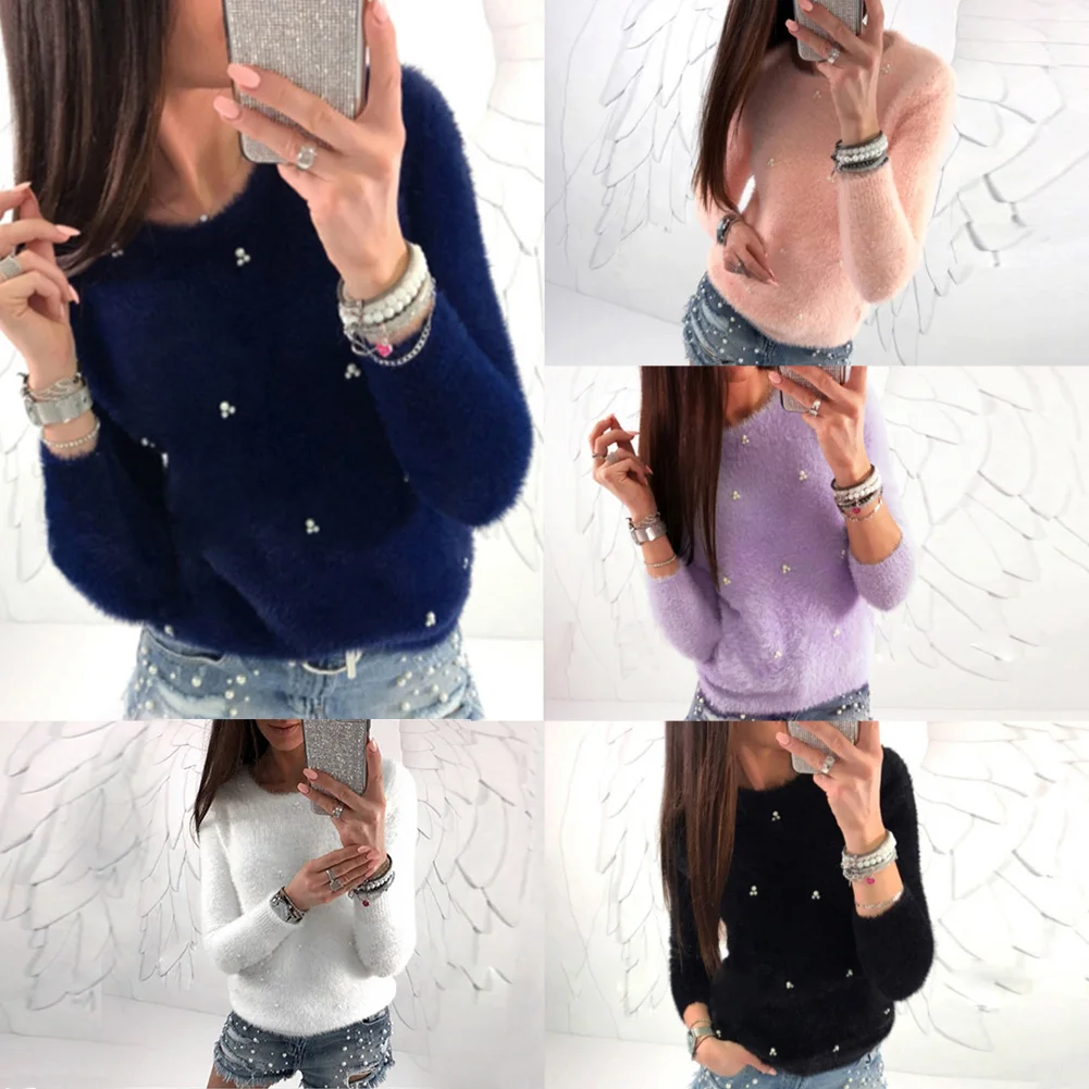 Hot Winter Women Fashion Faux Pearl Beading Solid Color Plush Long Sleeve Pullover Solid Color Warm Polyester Spandex pullover