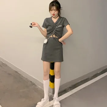 

Women Summer Loose Simple Short Sleeve V Collar T-Shirt +Casual Slim Solid Color Shorts 2 Pcs Suits